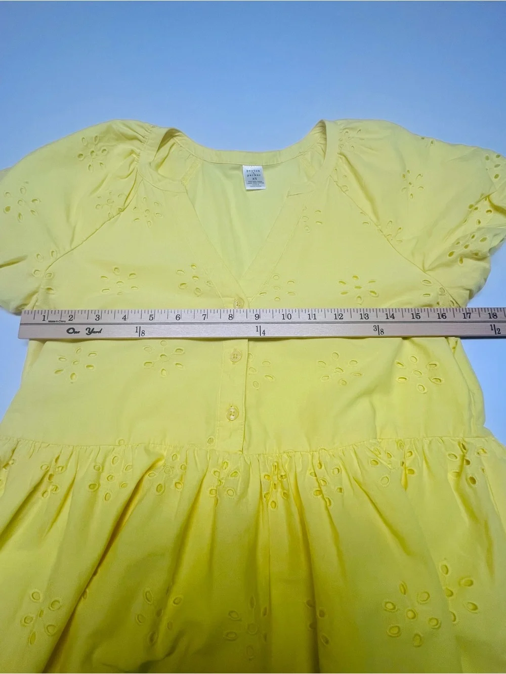 PEYTON‎ & PARKER Yellow Eyelet Mini Dress XS Puffed Sleeve Cotton Babydoll Dress